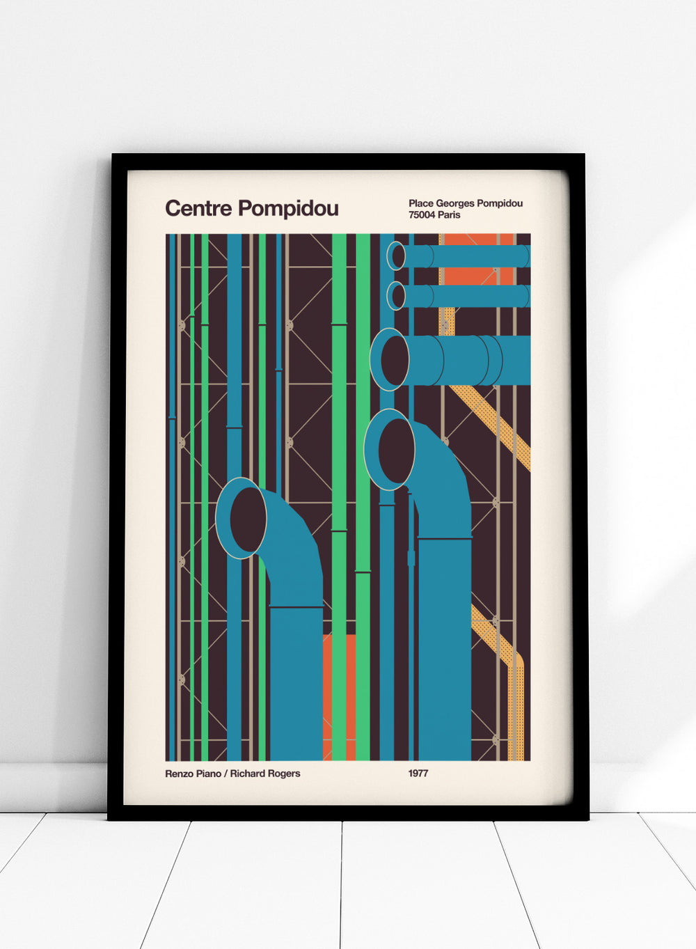 Poster of Centre Pompidou with abstract design and text. Colorful Architectural Pipes by Florent Bodart is a modern architectural art print inspired by Centre Pompidou pipes, a bold geometric wall poster with vibrant color.