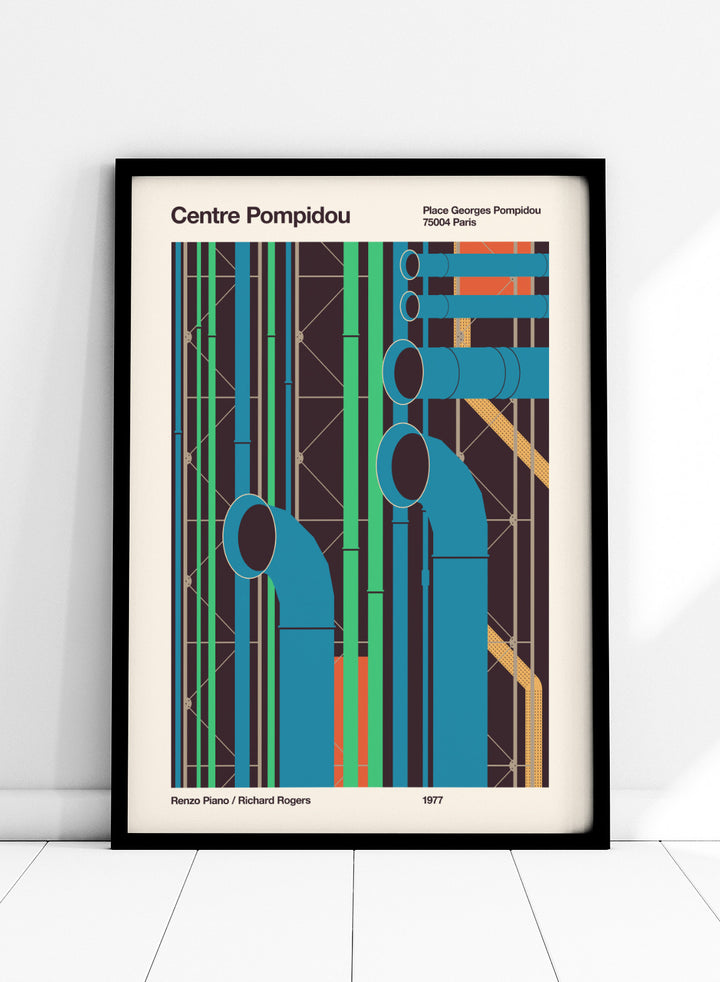 Poster of Centre Pompidou with abstract design and text. Colorful Architectural Pipes by Florent Bodart is a modern architectural art print inspired by Centre Pompidou pipes, a bold geometric wall poster with vibrant color.