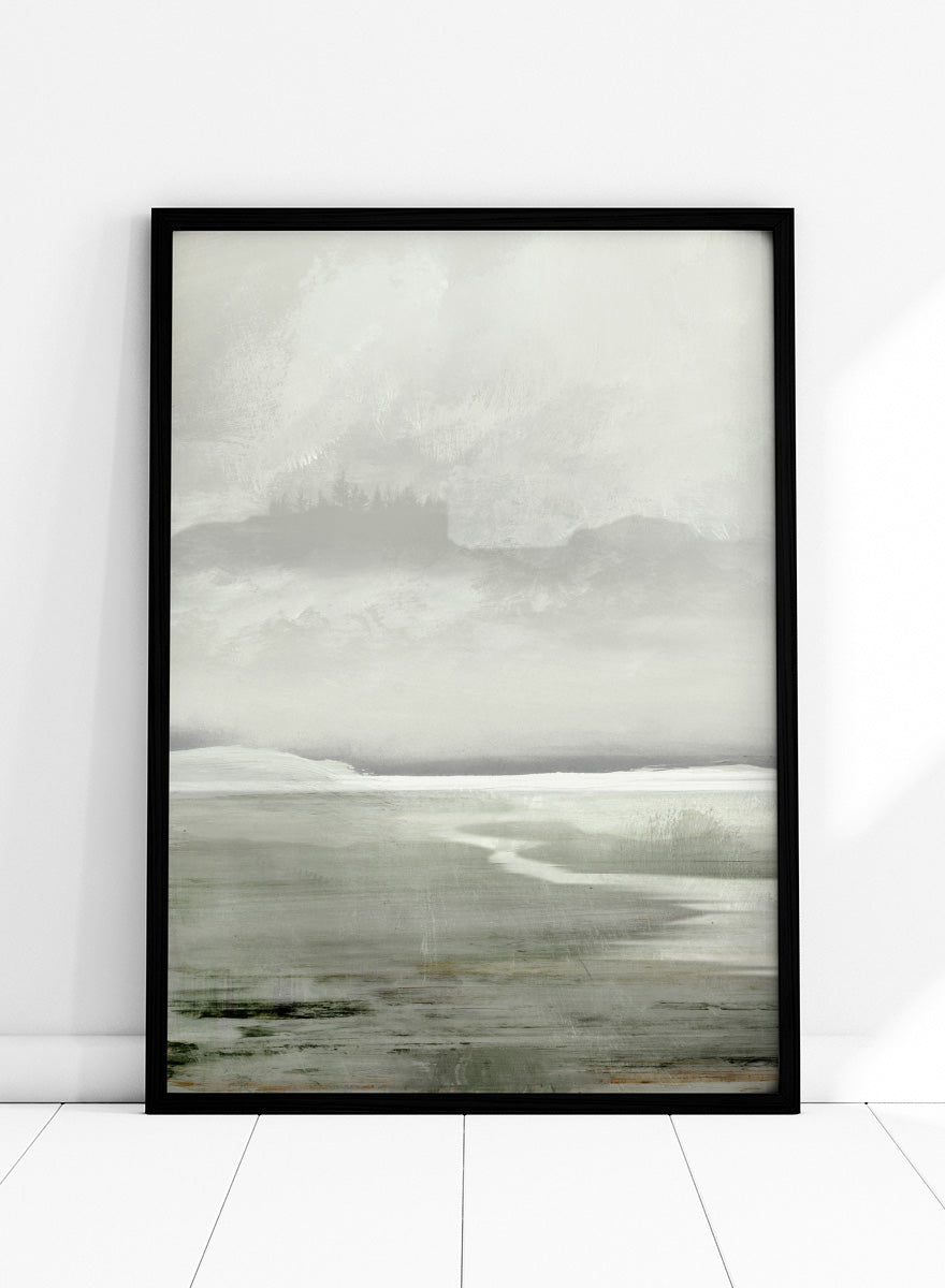 Shop Lakes No. 01 by Dan Hobday, a misty landscape art print featuring muted green water, distant hills, soft trees, and layered atmospheric texture.