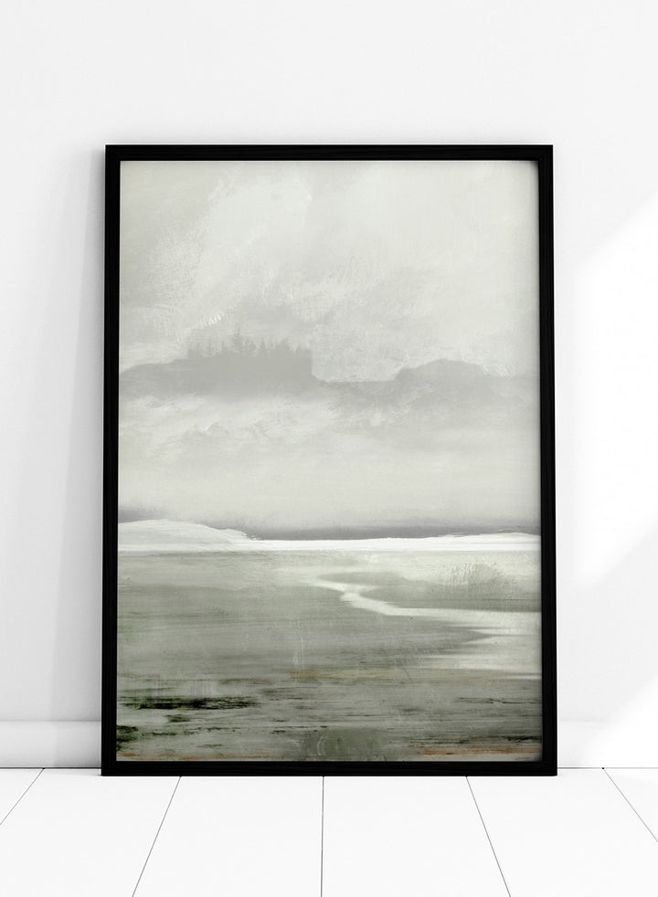 Shop Lakes No. 01 by Dan Hobday, a misty landscape art print featuring muted green water, distant hills, soft trees, and layered atmospheric texture.