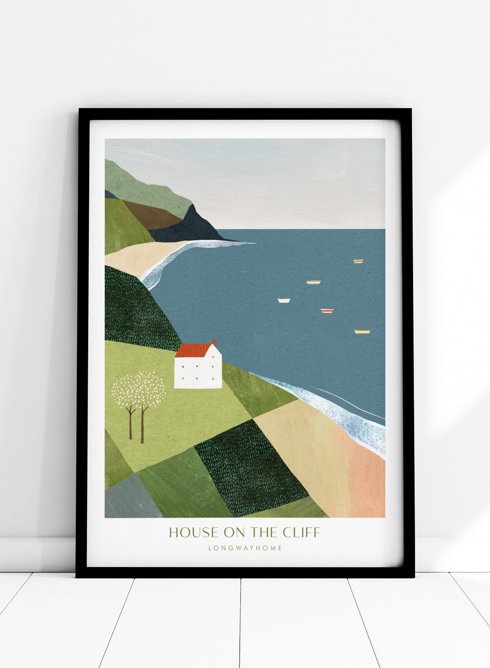 Illustration of a house on a cliff overlooking a coastal scene with boats. House on the Cliff by Longwayhome is a minimalist coastal landscape art print featuring ocean views, cliffside scenery, and modern travel inspired wall art.