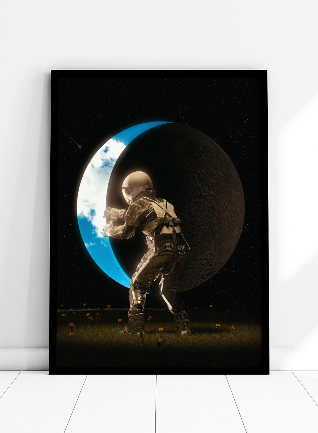 Astronaut standing on a moon-like surface with Earth visible through a crater. Astronaut Holding the Moon by Nicebleed is a surreal space art print featuring an astronaut pushing a crescent moon, modern aesthetic wall poster.