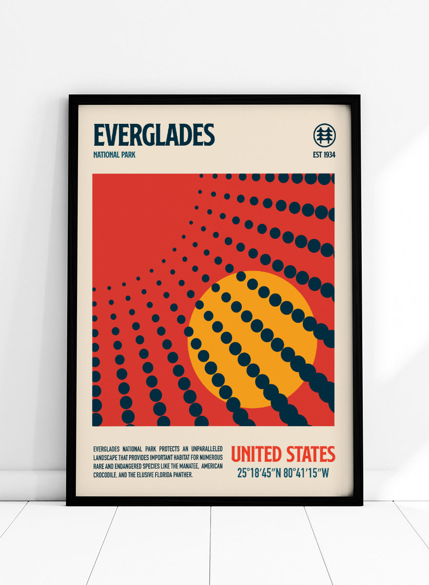 A vintage-style travel poster for Everglades National Park, United States, featuring a bold red background, a large yellow circle, and dark blue dotted radial lines. The top reads 'EVERGLADES NATIONAL PARK' and the bottom includes 'UNITED STATES' and geographic coordinates. Everglades Retro Sun by Retrodrome travel art print inspired by Everglades National Park, with a bold sun motif and retro color.