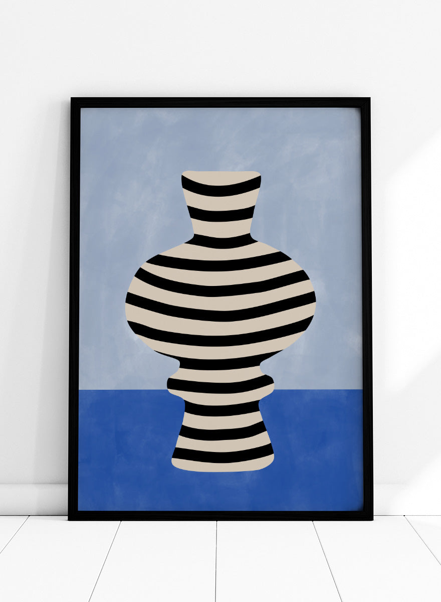 Shop Modern Striped Vase by Elena Ristova, a modern still life wall art print poster featuring a black-and-cream striped vase against soft blue tones.