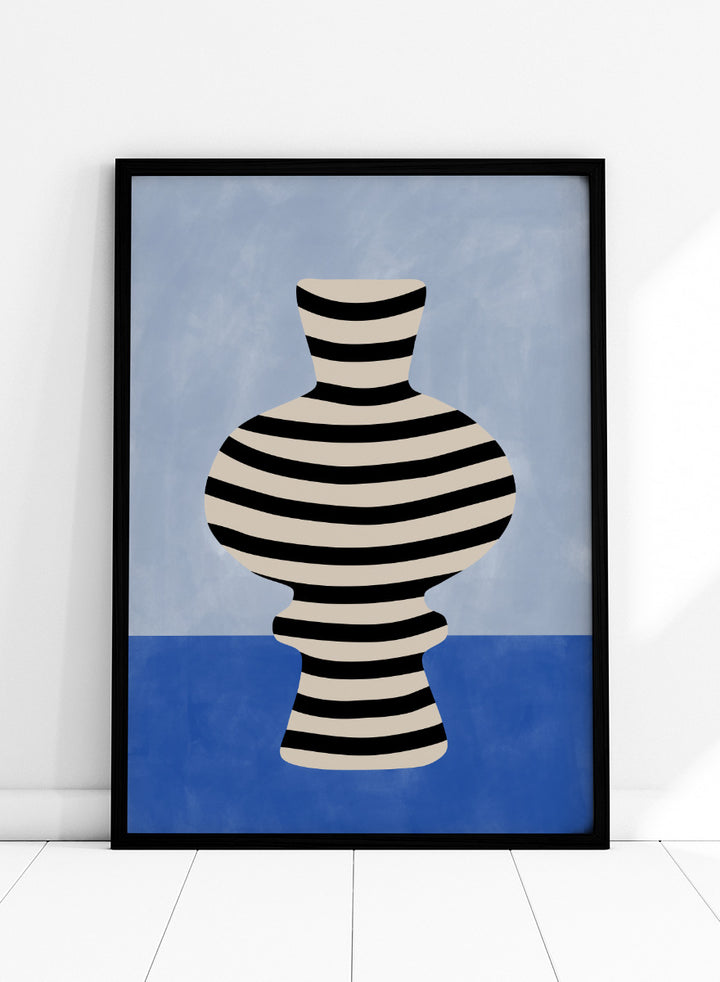 Shop Modern Striped Vase by Elena Ristova, a modern still life wall art print poster featuring a black-and-cream striped vase against soft blue tones.