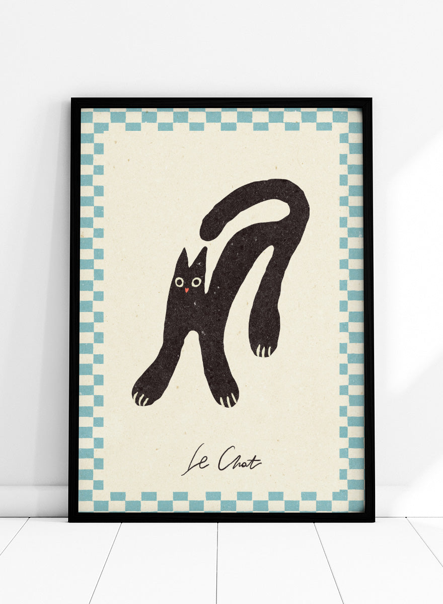 Shop Le Chat by NKTN, a playful black cat wall art print poster featuring a quirky stretched cat, checkerboard border, and vintage-inspired graphic style.