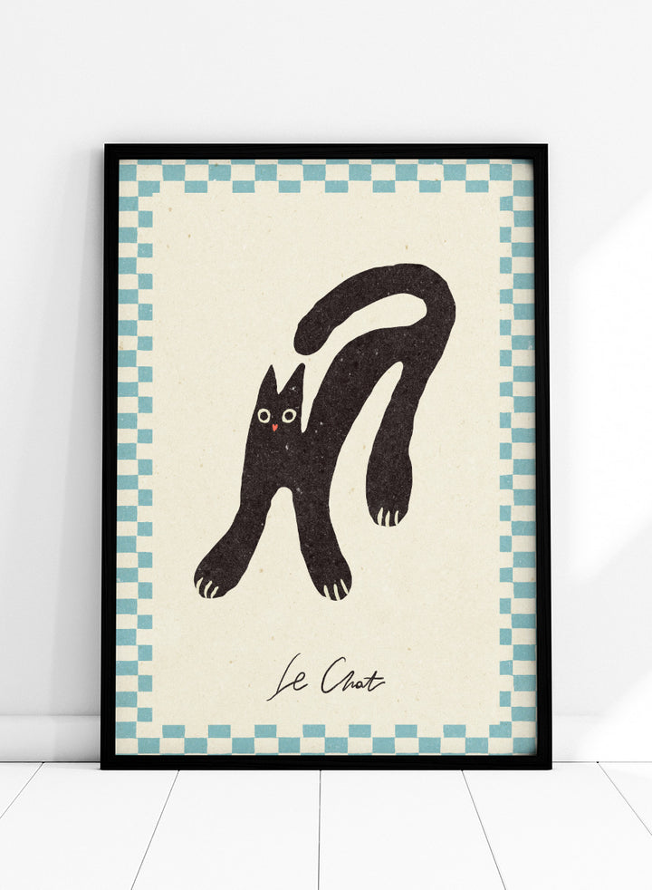 Shop Le Chat by NKTN, a playful black cat wall art print poster featuring a quirky stretched cat, checkerboard border, and vintage-inspired graphic style.