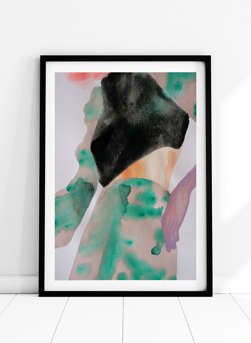 Shop Abstract Fashion Figure by Sophia Novosel, a modern figurative wall art print poster featuring a cropped woman, black top, and loose green and peach washes.