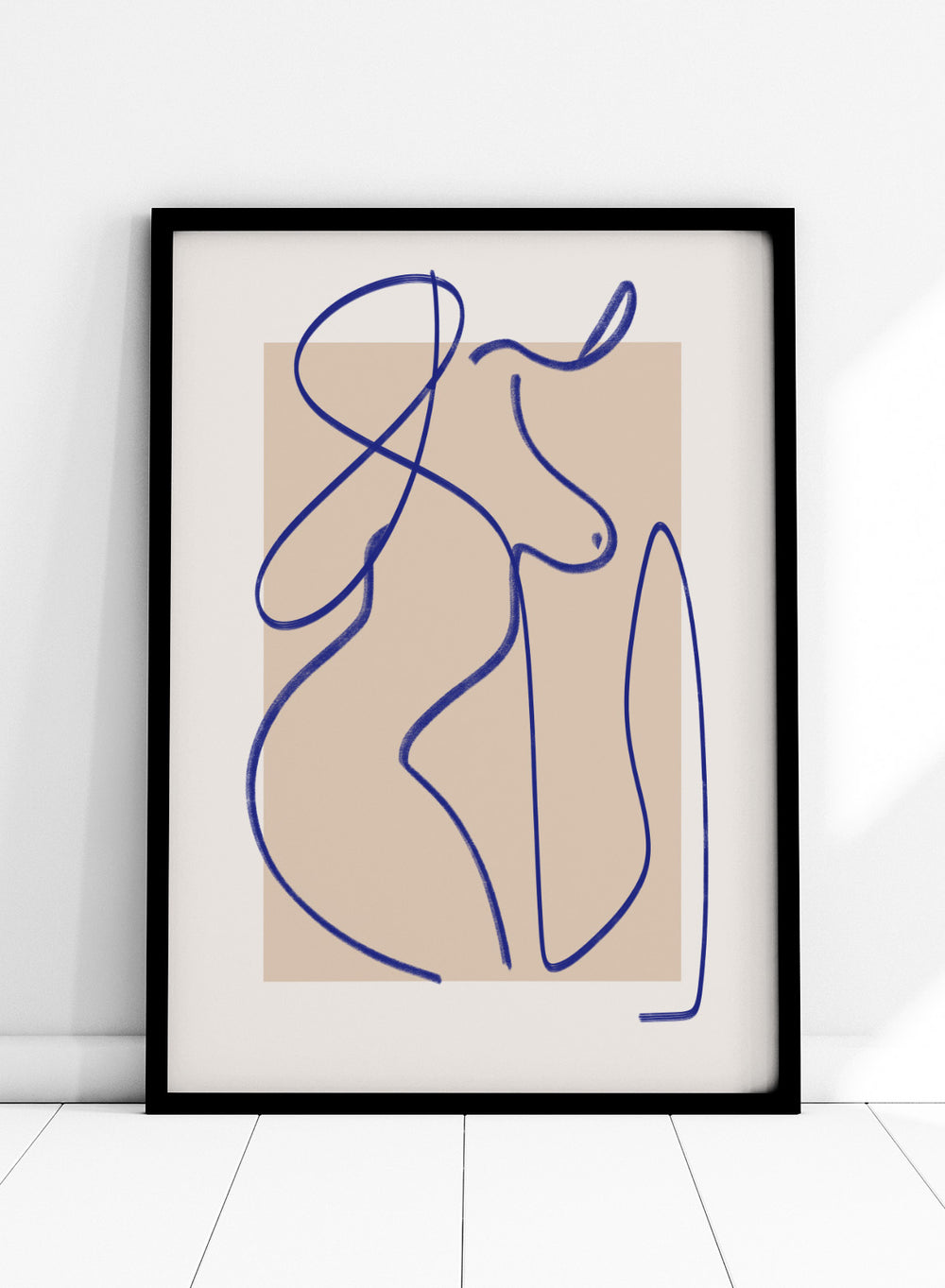 Abstract line art of a woman on a beige background. Abstract Flow Line by Little Dean abstract line art print featuring minimalist female figure drawing, modern contemporary line illustration wall art poster.