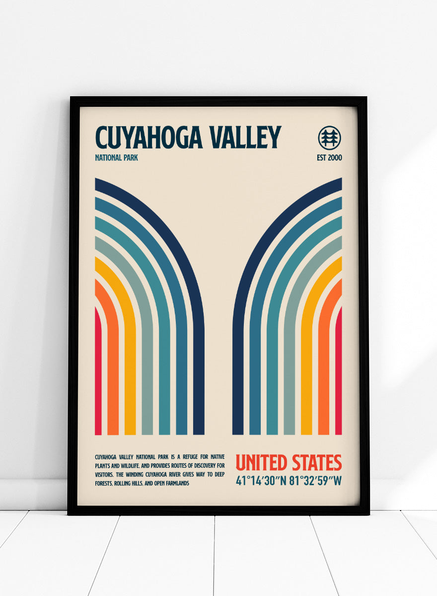 A retro-style poster for Cuyahoga Valley National Park featuring symmetrical rainbow arches in blue, teal, green, yellow, orange, and red on a cream background, with text reading &
