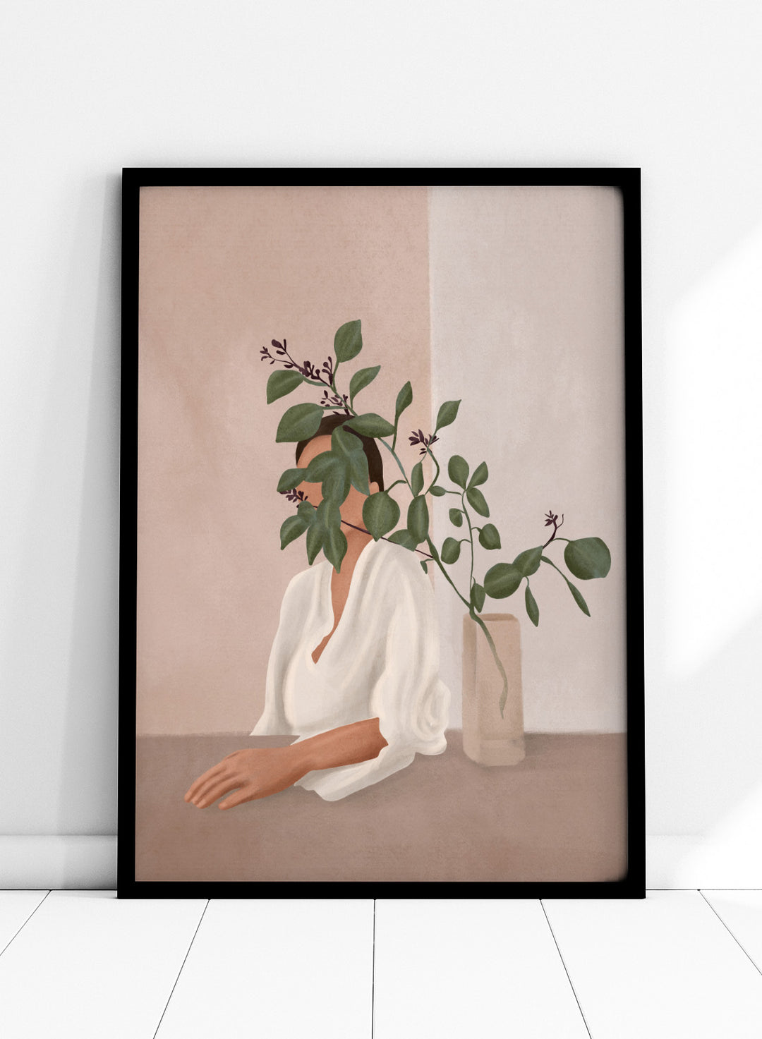 Artistic depiction of a woman with green leaves covering her face, sitting next to a vase on a table. Serene Botanical Woman by City Art features a woman surrounded by greenery, bringing soft botanical style and modern neutral wall art to your home.
