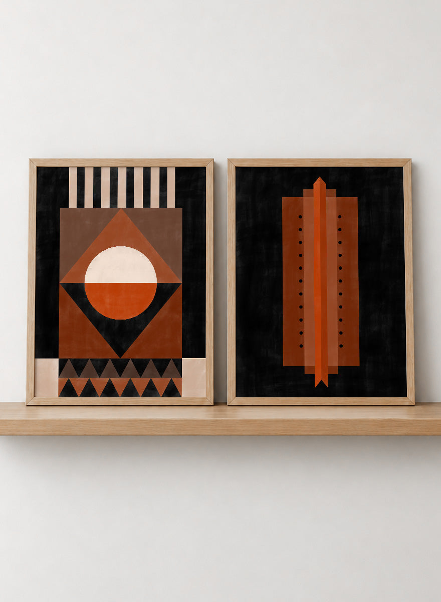 Shop Geometric Rhythm by Elena Ristova, a set of 2 modern wall art prints posters featuring folded stripes, stacked forms, terracotta tones, and bold graphic pattern.