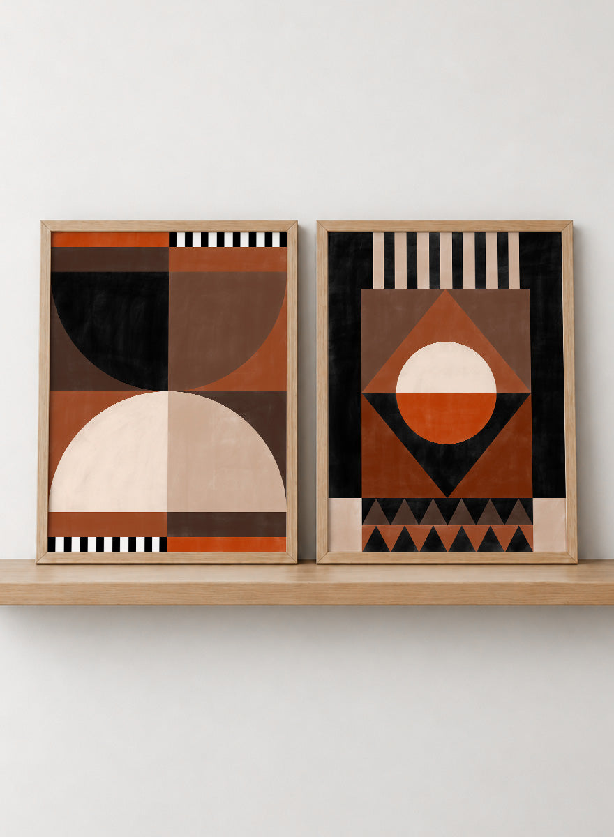 Shop Modern Earth Geometry by Elena Ristova, a set of 2 modern abstract wall art prints posters featuring circles, triangles, stripes, and warm earthy tones.