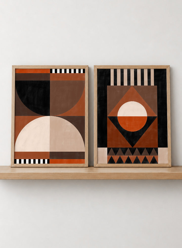 Shop Modern Earth Geometry by Elena Ristova, a set of 2 modern abstract wall art prints posters featuring circles, triangles, stripes, and warm earthy tones.