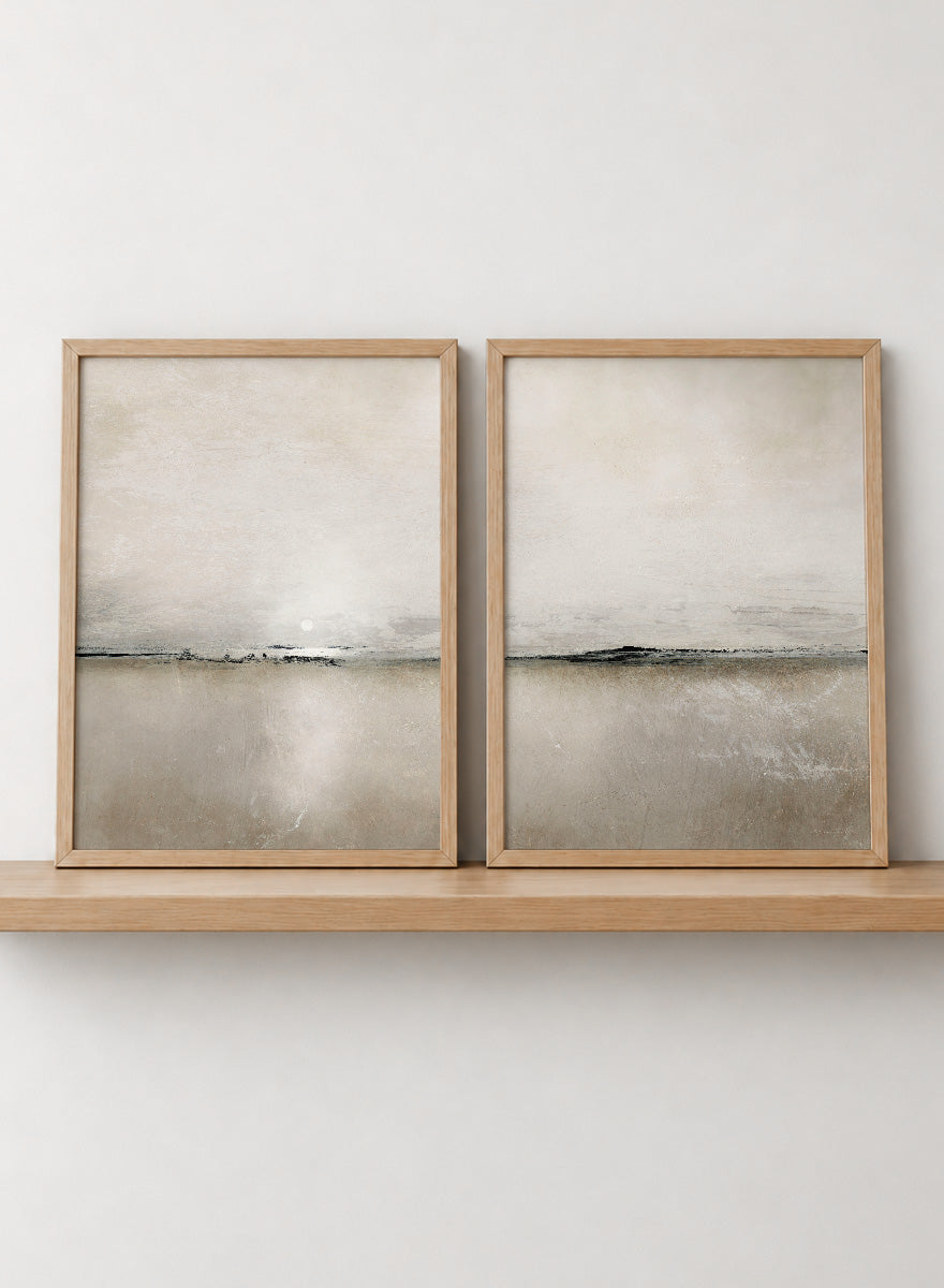 Shop Sunlight Bay by Dan Hobday, a set of 2 minimalist landscape wall art prints posters featuring a soft horizon, open water, and warm brown and cream tones.