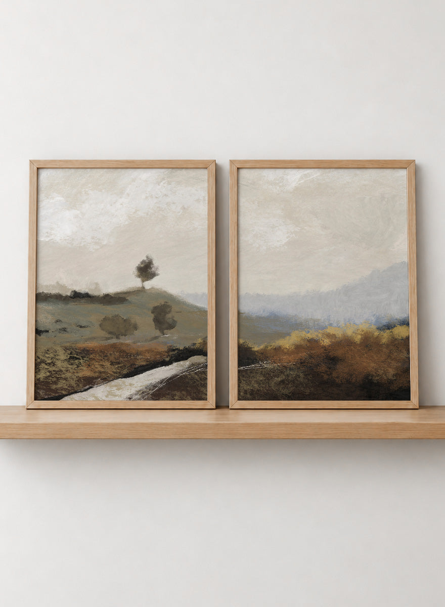 Shop La Collina by Dan Hobday, a set of 2 landscape wall art prints posters featuring rolling hills, winding paths, and warm earthy countryside tones.