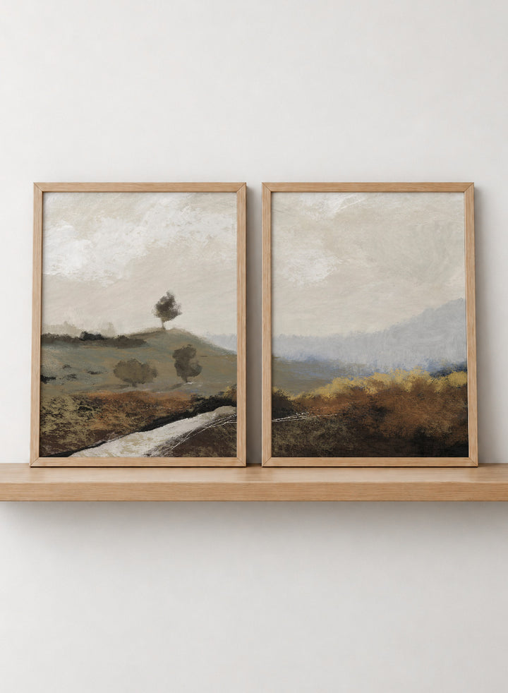 Shop La Collina by Dan Hobday, a set of 2 landscape wall art prints posters featuring rolling hills, winding paths, and warm earthy countryside tones.