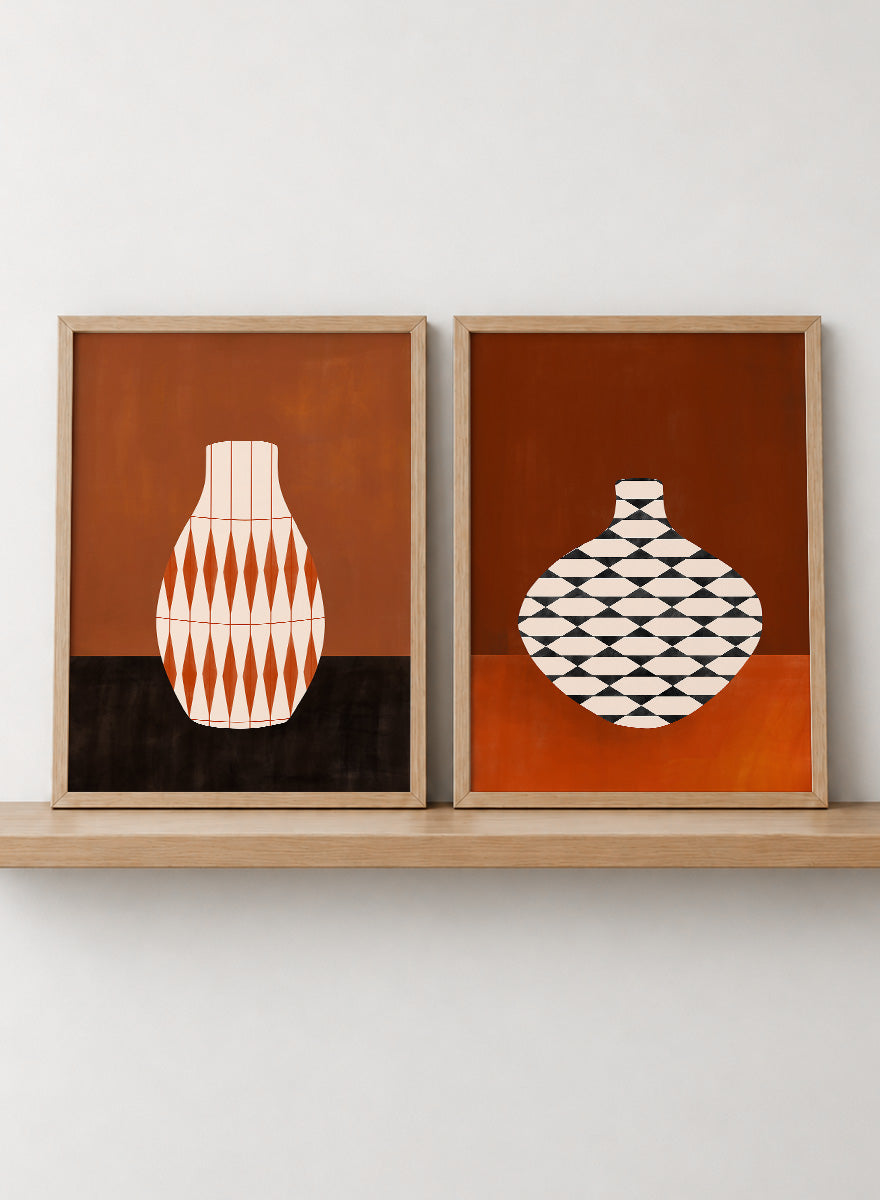 Shop Geometric Vase by Elena Ristova, a set of 2 modern wall art prints posters featuring bold patterned vases in orange, brown, black, and rich rust tones.