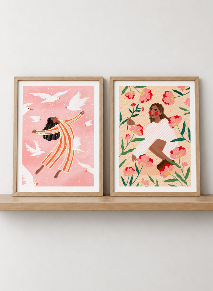 Shop In Her Happy Place by Bea Müller, a set of 2 figurative wall art prints posters featuring women surrounded by birds and flowers in soft pink tones.