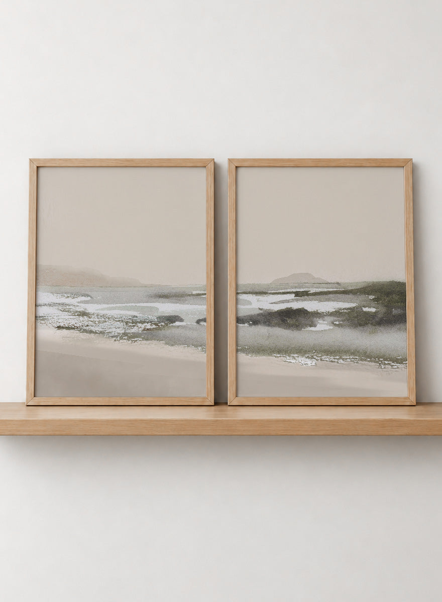 Shop Calm Beach by Dan Hobday, a set of 2 coastal landscape wall art prints posters capturing tidal sandbars, distant islands, and a quiet shoreline.