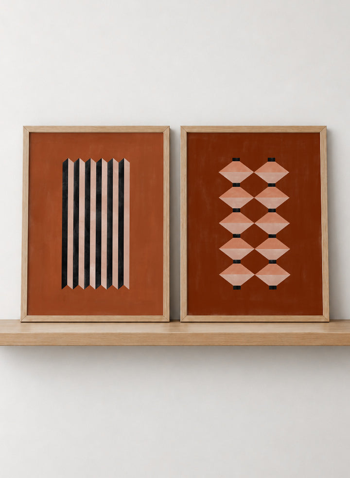 Shop Geometric Rhythm by Elena Ristova, a set of 2 modern wall art prints posters featuring folded stripes, stacked forms, terracotta tones, and bold graphic pattern.