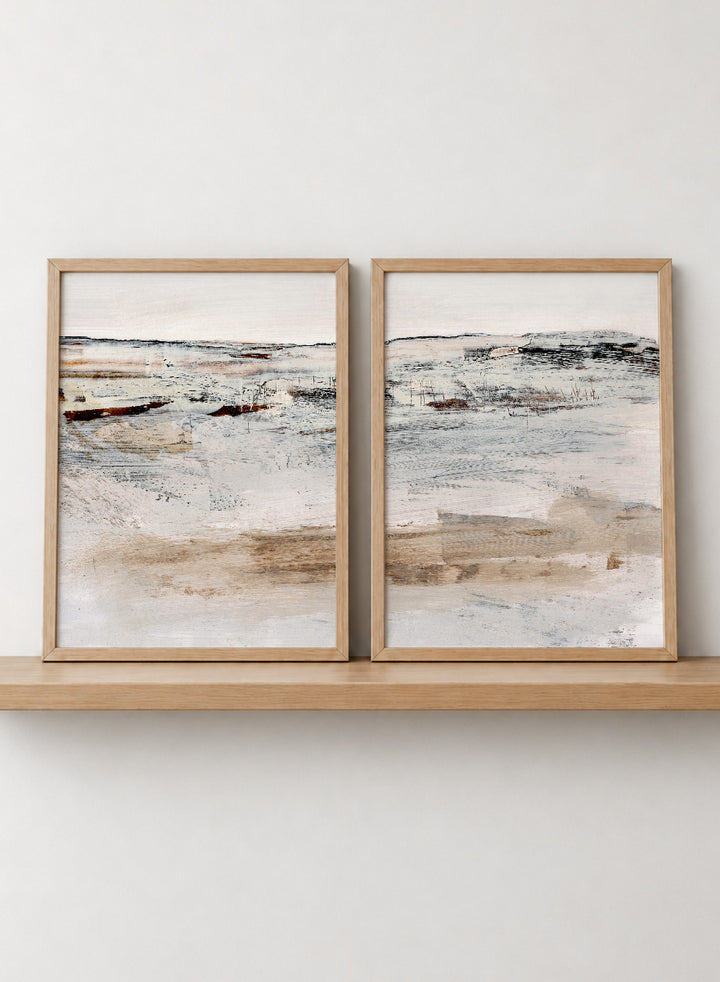 Shop August by Dan Hobday, a set of 2 abstract landscape wall art prints posters featuring a soft horizon, weathered texture, and warm cream tones.