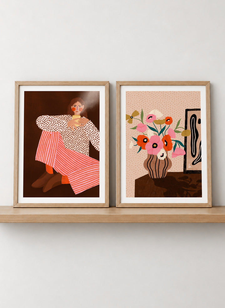 Shop Autumn Mood by Bea Müller, a set of 2 wall art prints posters pairing a modern figurative portrait with a floral still life in warm brown tones.