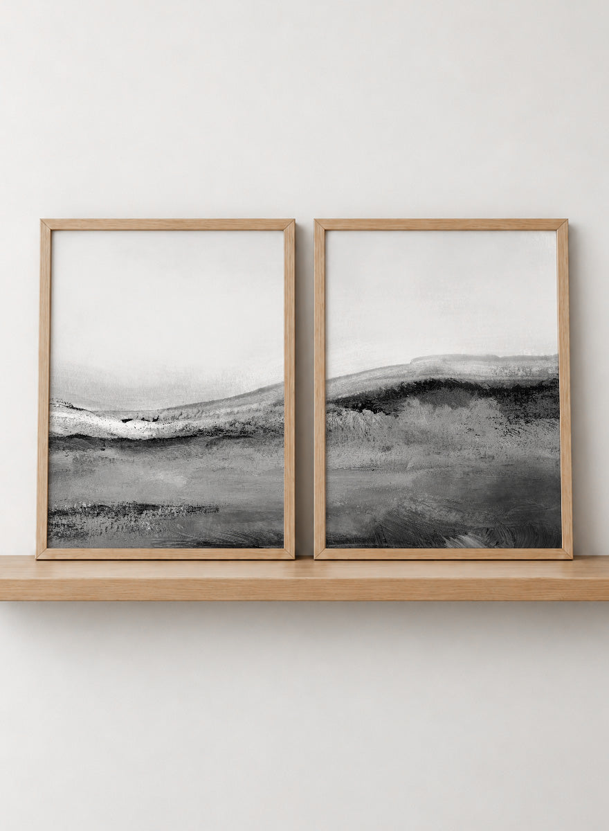 Shop Mono Landscape No.02 by Dan Hobday, a set of 2 black and white landscape wall art prints posters featuring layered hills and soft black and white tones.