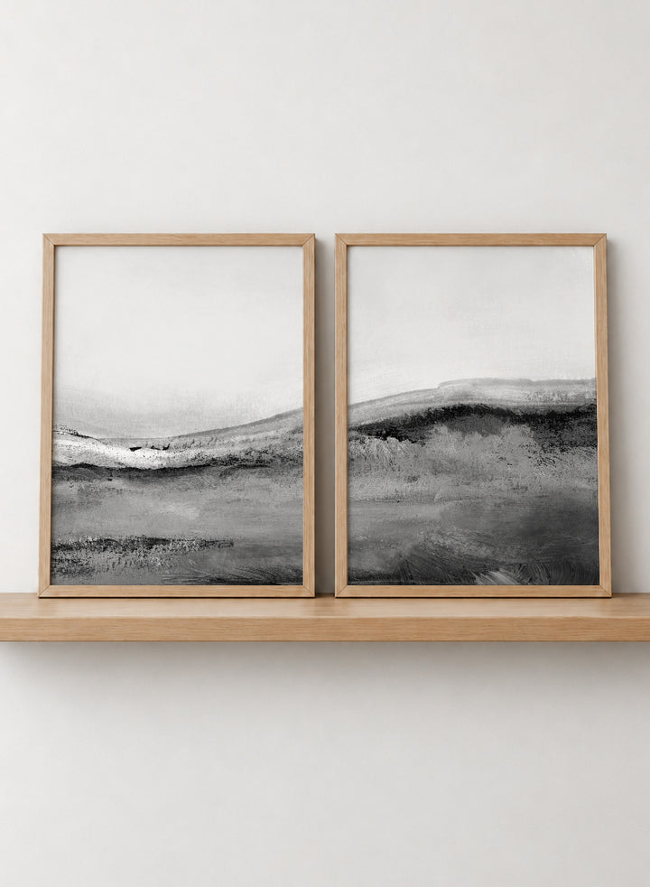 Shop Mono Landscape No.02 by Dan Hobday, a set of 2 black and white landscape wall art prints posters featuring layered hills and soft black and white tones.