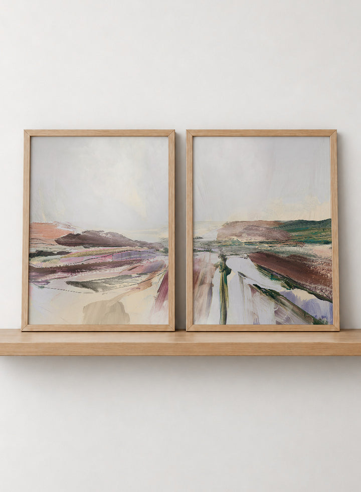 Shop Beauty by Dan Hobday, a set of 2 abstract landscape wall art prints posters featuring layered brushwork, open horizons, and soft brown and purple tones.