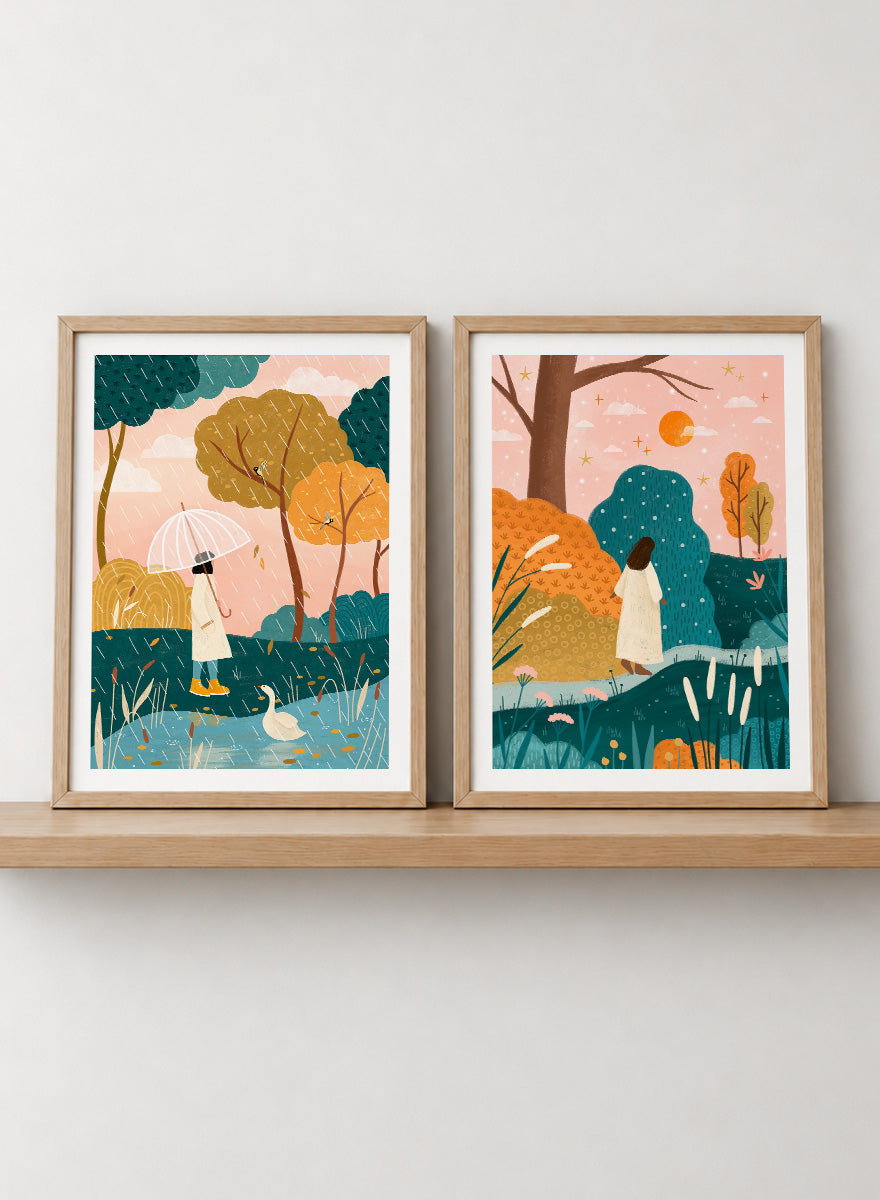 Shop Autumn Wanderings by Bea Müller, a set of 2 autumn wall art prints posters featuring women walking through colorful seasonal landscapes in green, orange and pink tones.