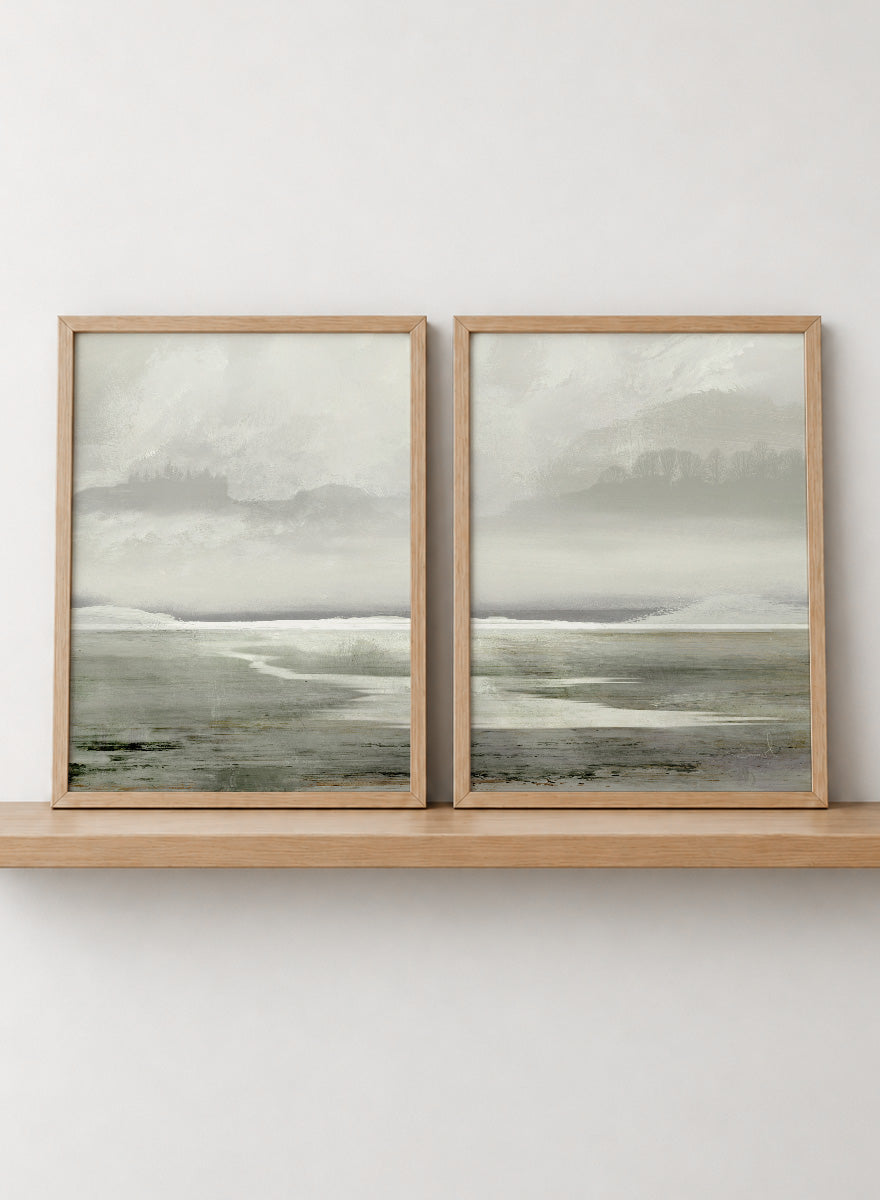 Shop Lakes by Dan Hobday, a set of 2 landscape wall art prints posters featuring misty water, distant trees, and soft green lake scenery.