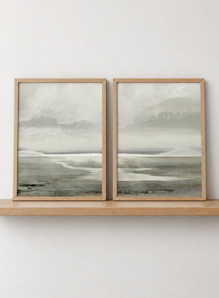 Shop Lakes by Dan Hobday, a set of 2 landscape wall art prints posters featuring misty water, distant trees, and soft green lake scenery.