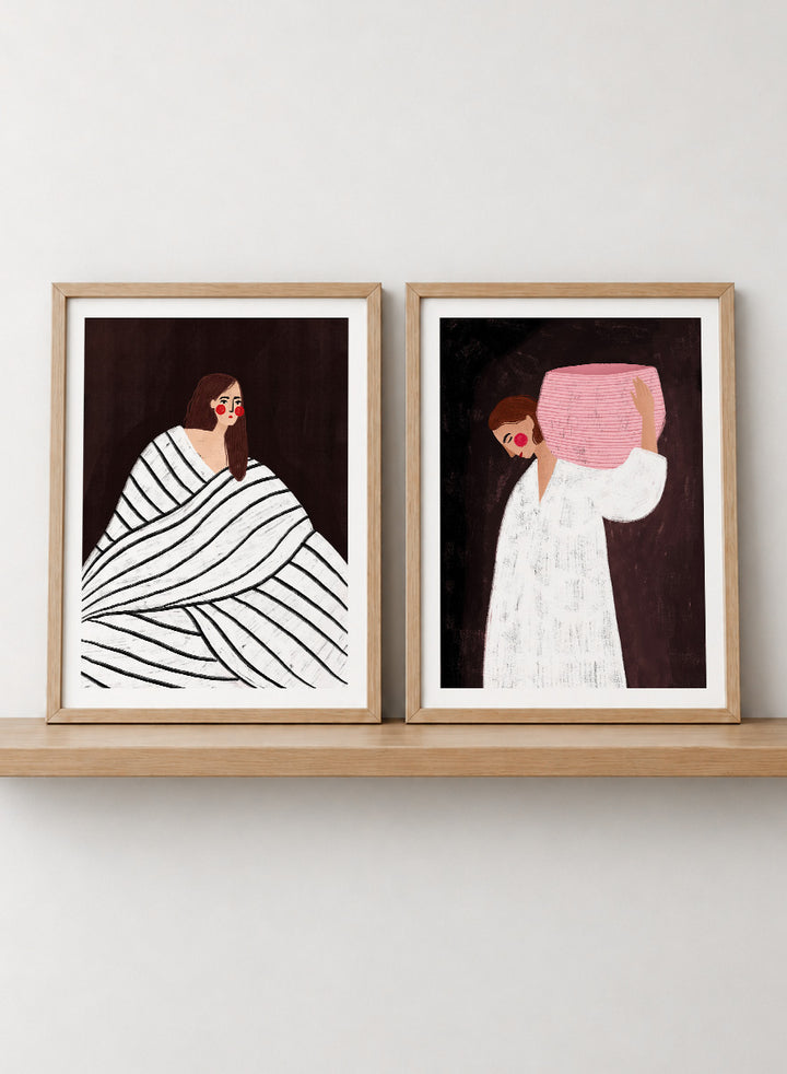 Shop In Her Own World by Bea Müller, a set of 2 figurative wall art prints posters featuring modern women, bold stripes, pink accents, and rich brown tones.