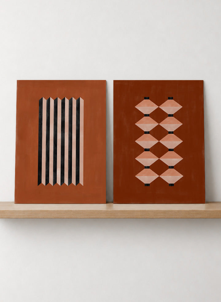 Shop Geometric Rhythm by Elena Ristova, a set of 2 modern wall art prints posters featuring folded stripes, stacked forms, terracotta tones, and bold graphic pattern.