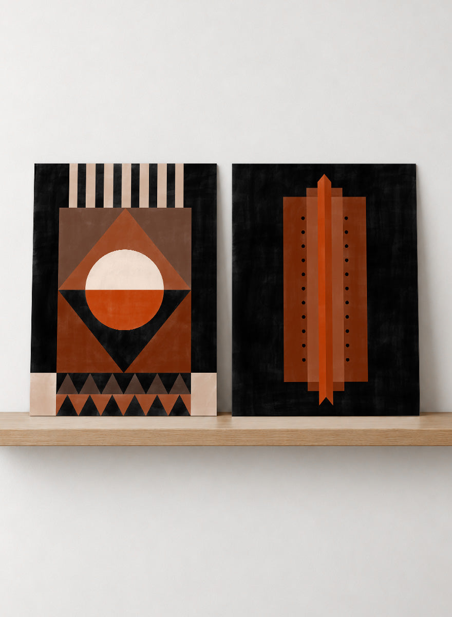 Shop Geometric Rhythm by Elena Ristova, a set of 2 modern wall art prints posters featuring folded stripes, stacked forms, terracotta tones, and bold graphic pattern.