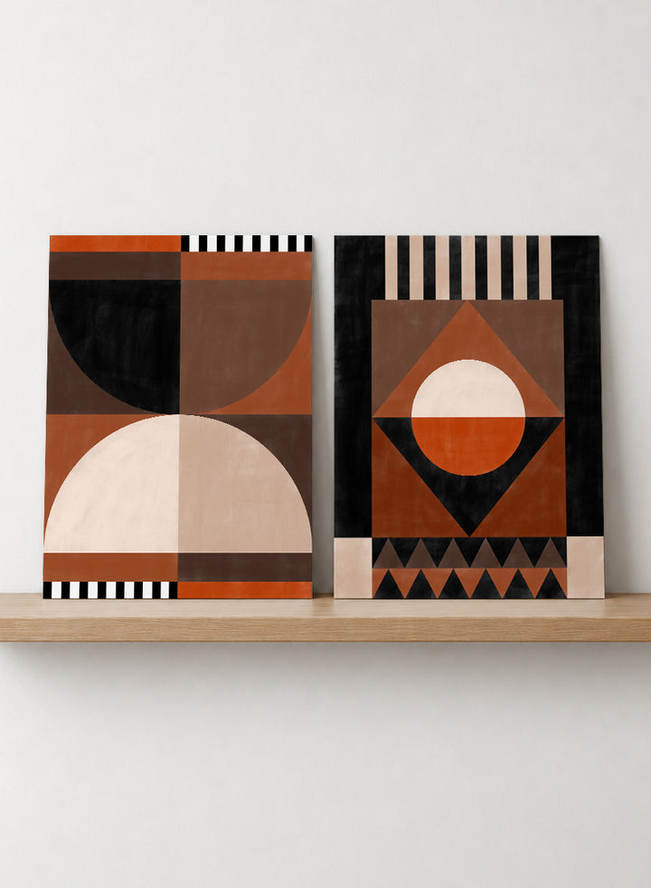 Shop Modern Earth Geometry by Elena Ristova, a set of 2 modern abstract wall art prints posters featuring circles, triangles, stripes, and warm earthy tones.