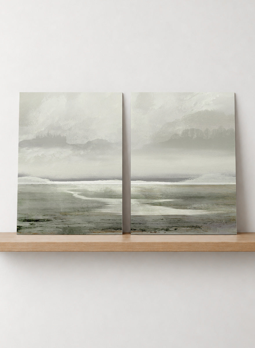 Shop Lakes by Dan Hobday, a set of 2 landscape wall art prints posters featuring misty water, distant trees, and soft green lake scenery.