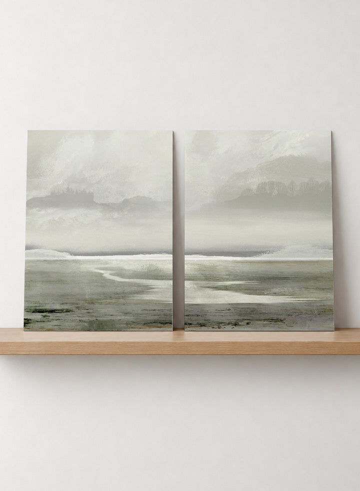 Shop Lakes by Dan Hobday, a set of 2 landscape wall art prints posters featuring misty water, distant trees, and soft green lake scenery.