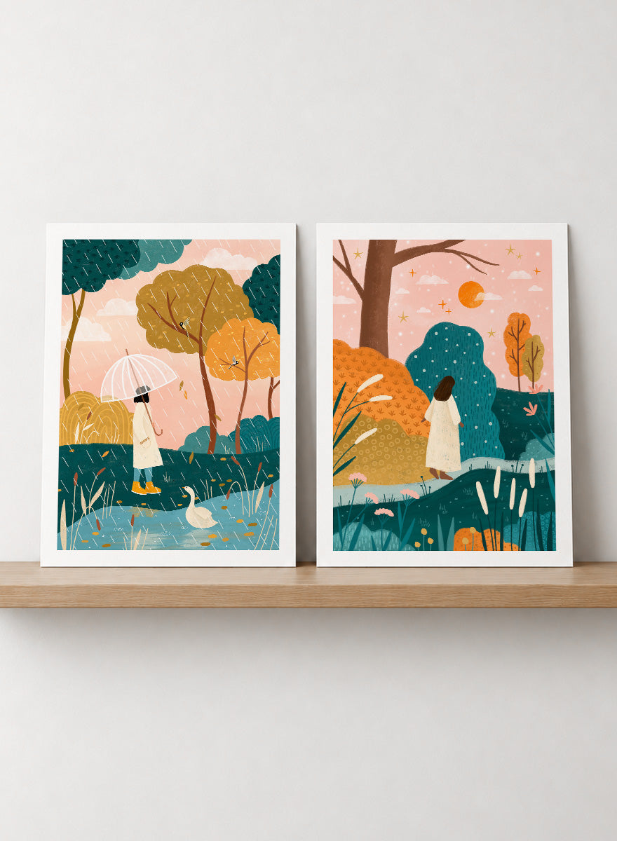 Shop Autumn Wanderings by Bea Müller, a set of 2 autumn wall art prints posters featuring women walking through colorful seasonal landscapes in green, orange and pink tones.