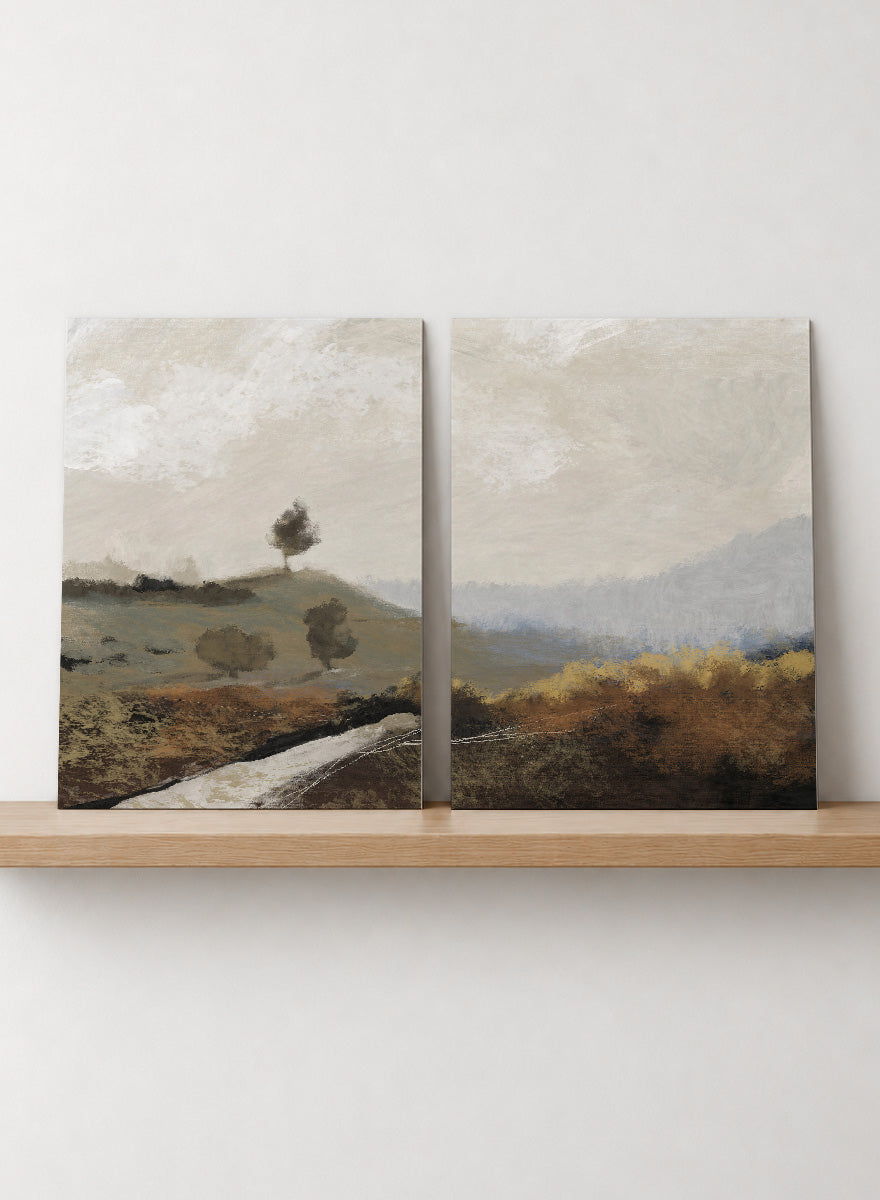 Shop La Collina by Dan Hobday, a set of 2 landscape wall art prints posters featuring rolling hills, winding paths, and warm earthy countryside tones.