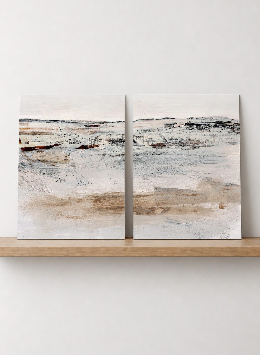 Shop August by Dan Hobday, a set of 2 abstract landscape wall art prints posters featuring a soft horizon, weathered texture, and warm cream tones.