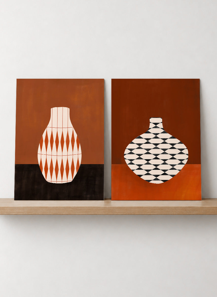 Shop Geometric Vase by Elena Ristova, a set of 2 modern wall art prints posters featuring bold patterned vases in orange, brown, black, and rich rust tones.