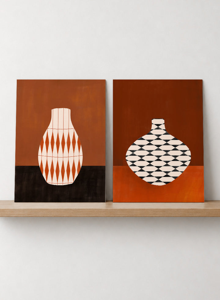 Shop Geometric Vase by Elena Ristova, a set of 2 modern wall art prints posters featuring bold patterned vases in orange, brown, black, and rich rust tones.