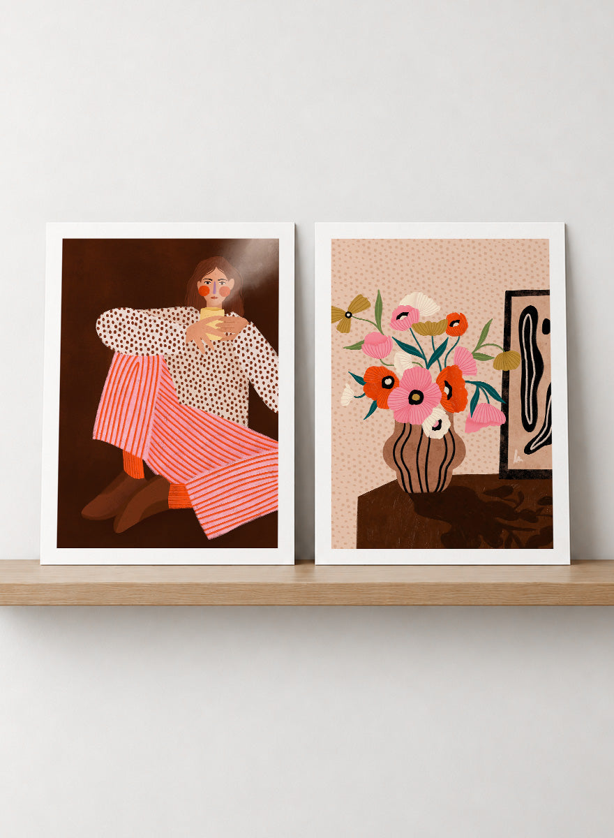 Shop Autumn Mood by Bea Müller, a set of 2 wall art prints posters pairing a modern figurative portrait with a floral still life in warm brown tones.
