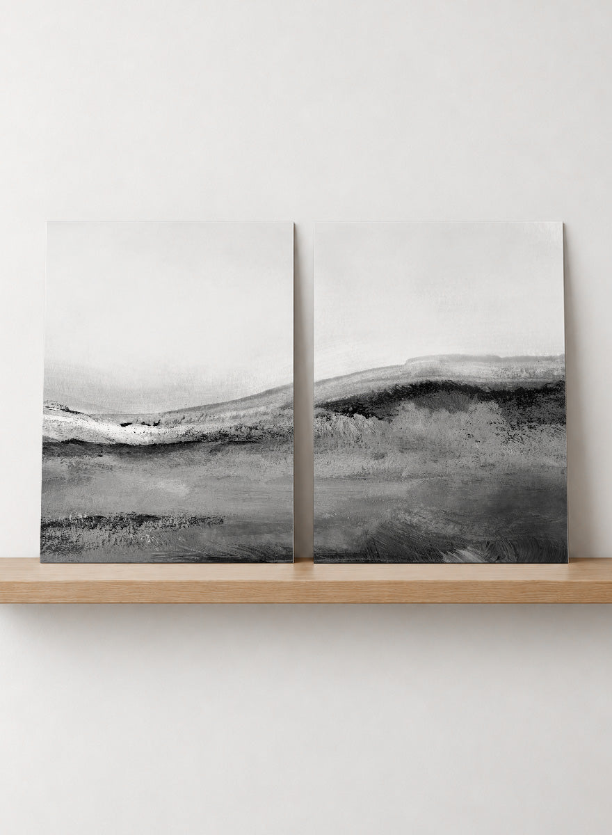 Shop Mono Landscape No.02 by Dan Hobday, a set of 2 black and white landscape wall art prints posters featuring layered hills and soft black and white tones.