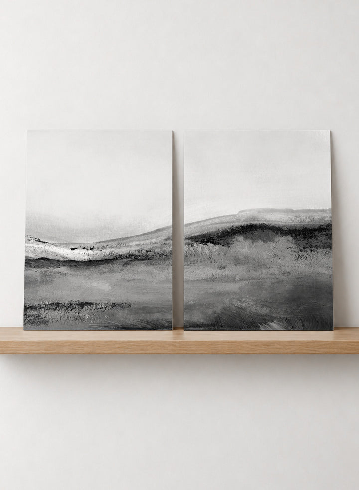 Shop Mono Landscape No.02 by Dan Hobday, a set of 2 black and white landscape wall art prints posters featuring layered hills and soft black and white tones.