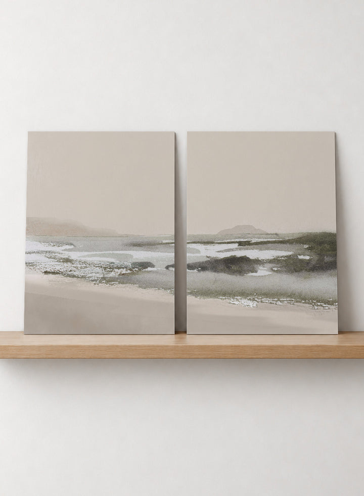 Shop Calm Beach by Dan Hobday, a set of 2 coastal landscape wall art prints posters capturing tidal sandbars, distant islands, and a quiet shoreline.
