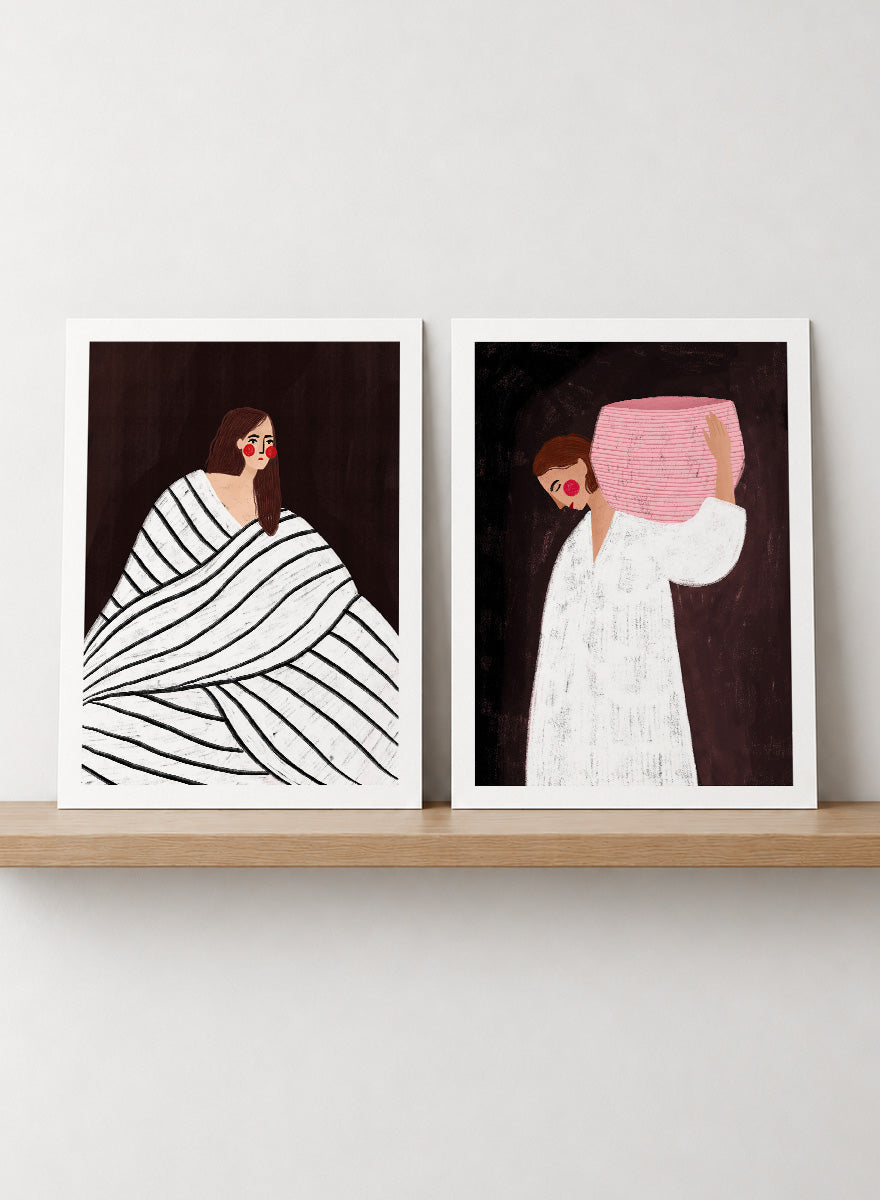 Shop In Her Own World by Bea Müller, a set of 2 figurative wall art prints posters featuring modern women, bold stripes, pink accents, and rich brown tones.