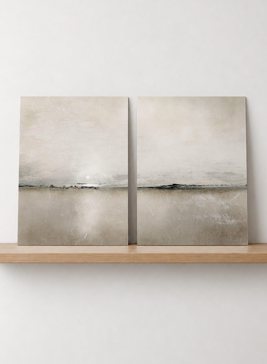 Shop Sunlight Bay by Dan Hobday, a set of 2 minimalist landscape wall art prints posters featuring a soft horizon, open water, and warm brown and cream tones.
